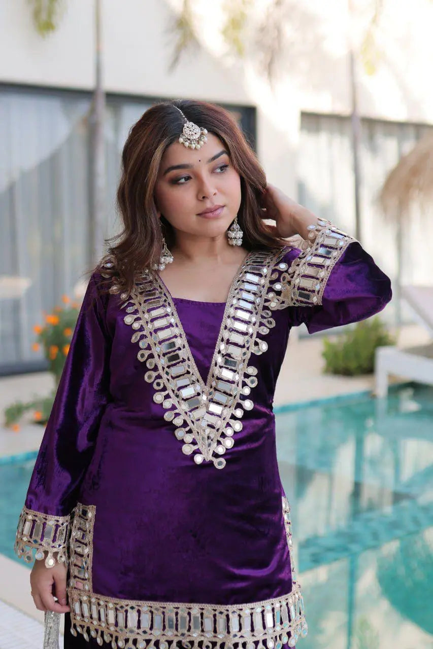 Ethenika Originals Mirror Work Velvet Kurti Palazzo Set