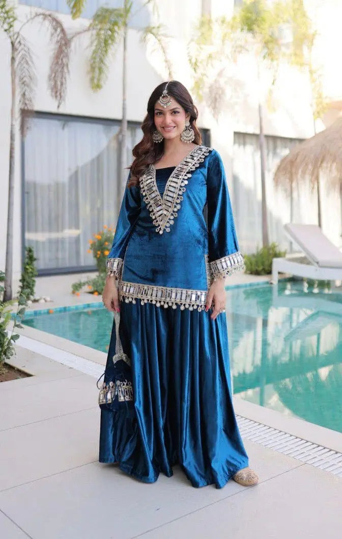 Ethenika Originals Mirror Work Velvet Kurti Palazzo Set