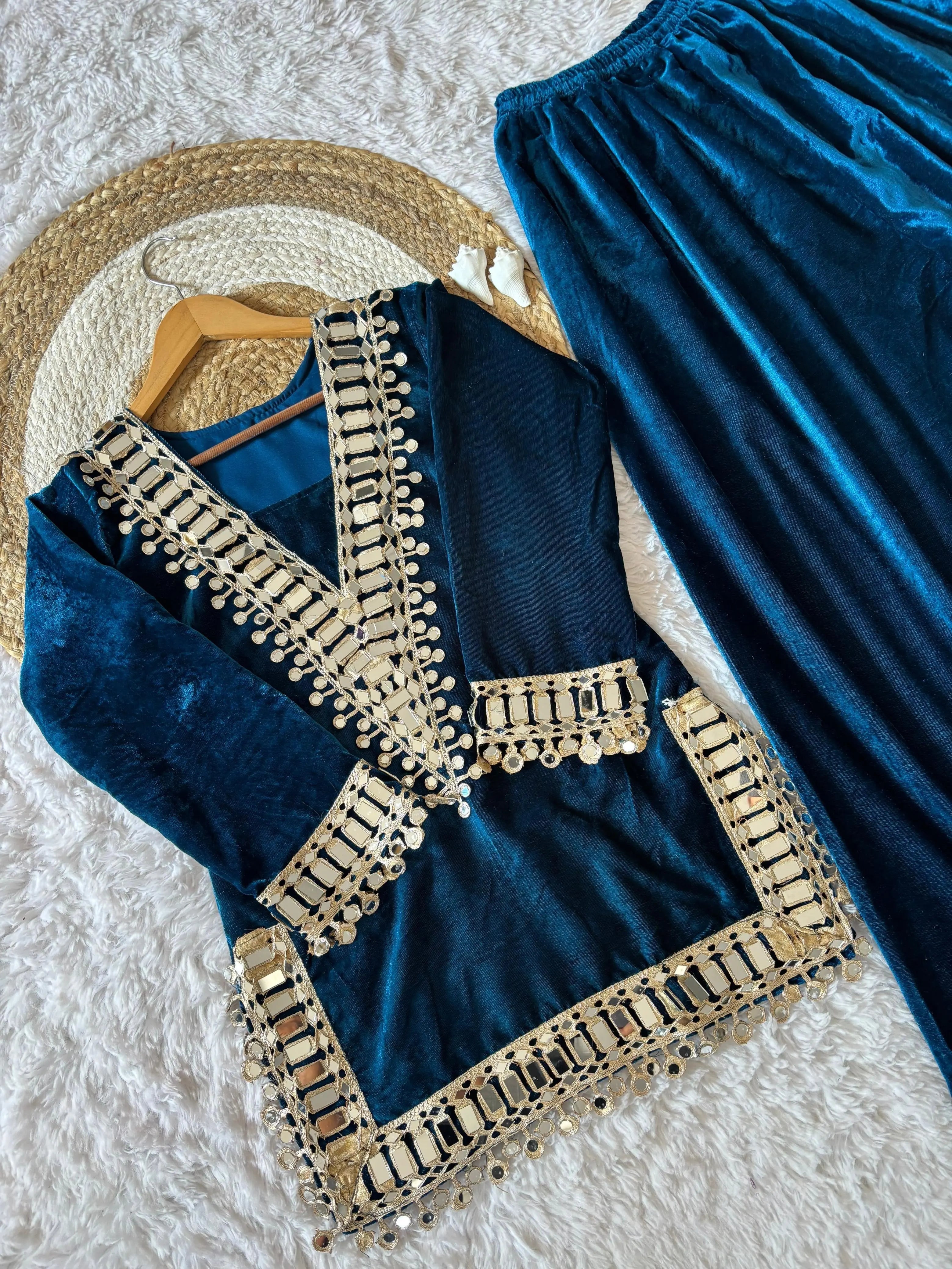 Ethenika Originals Mirror Work Velvet Kurti Palazzo Set