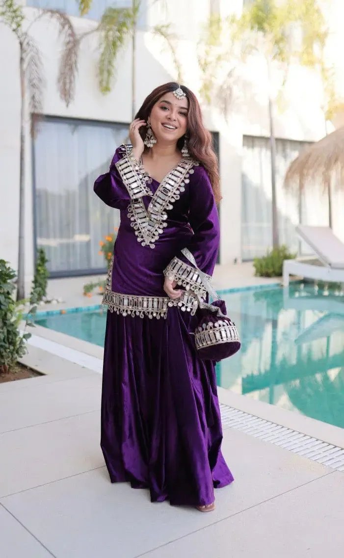 Ethenika Originals Mirror Work Velvet Kurti Palazzo Set