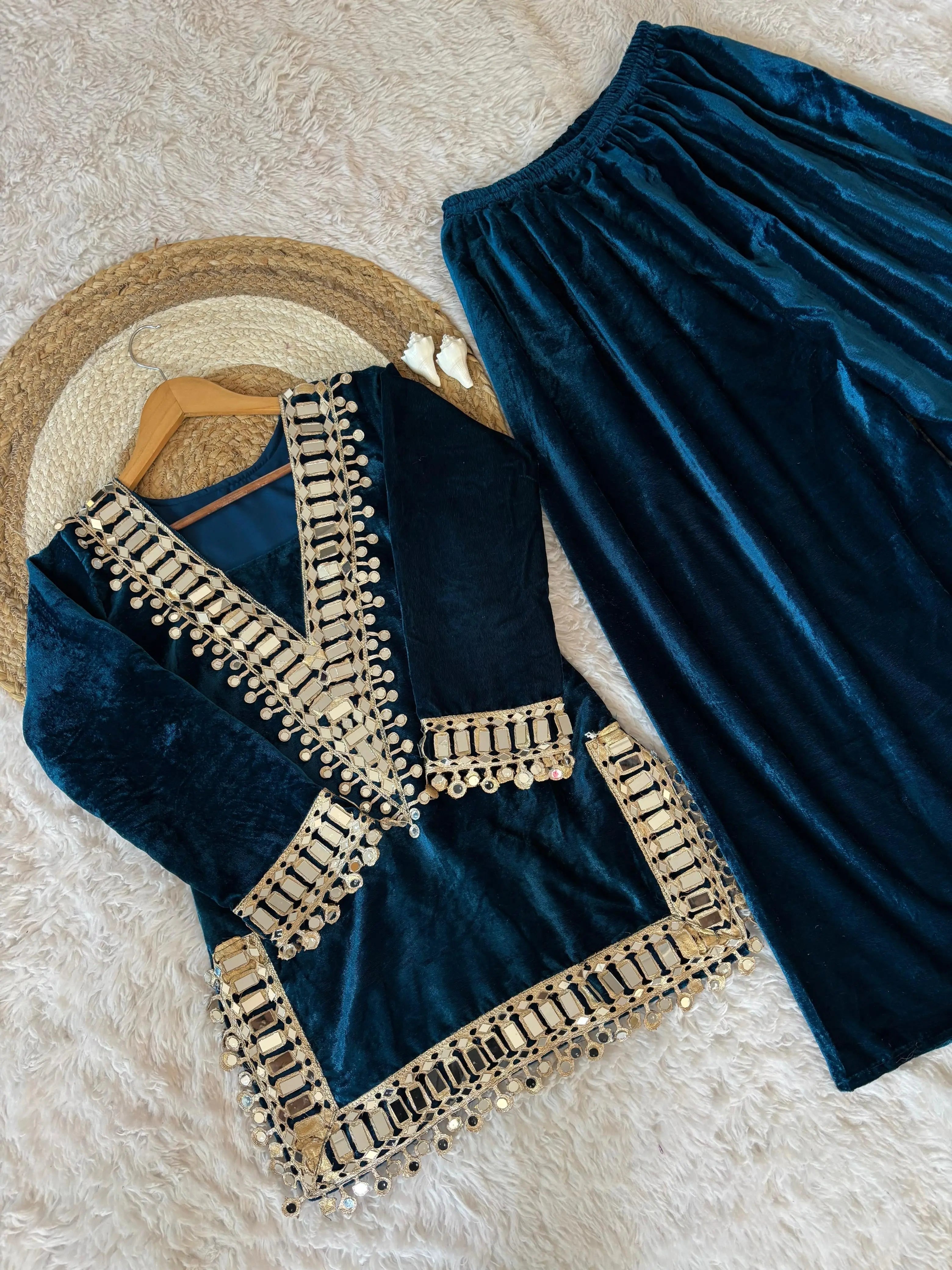 Ethenika Originals Mirror Work Velvet Kurti Palazzo Set