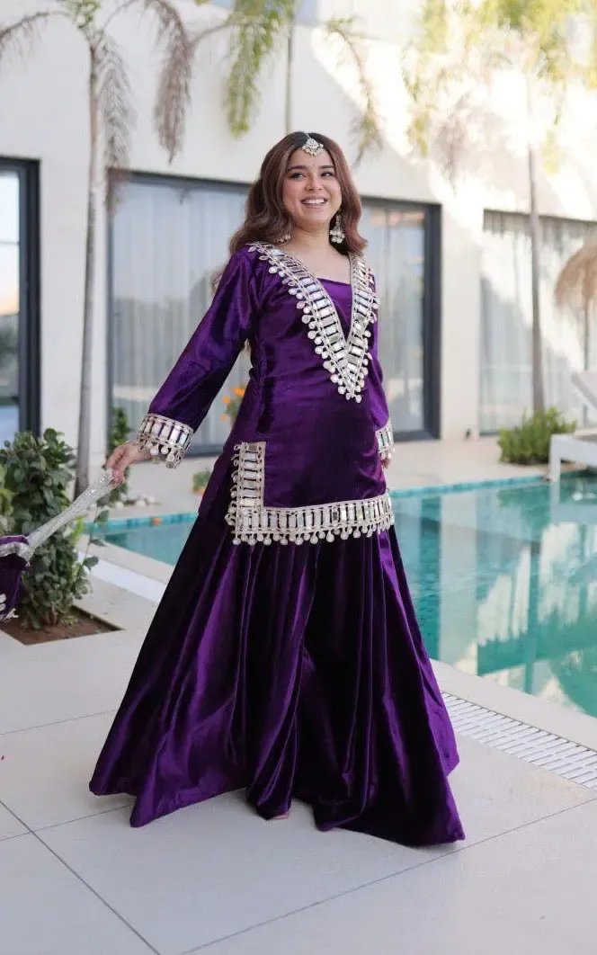Ethenika Originals Mirror Work Velvet Kurti Palazzo Set