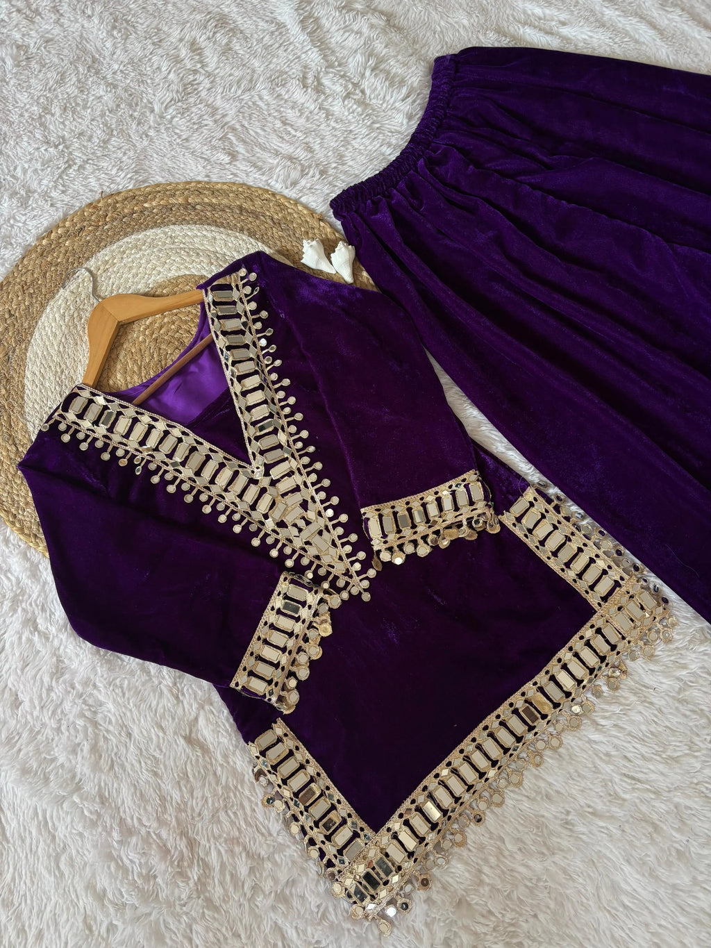 Ethenika Originals Mirror Work Velvet Kurti Palazzo Set