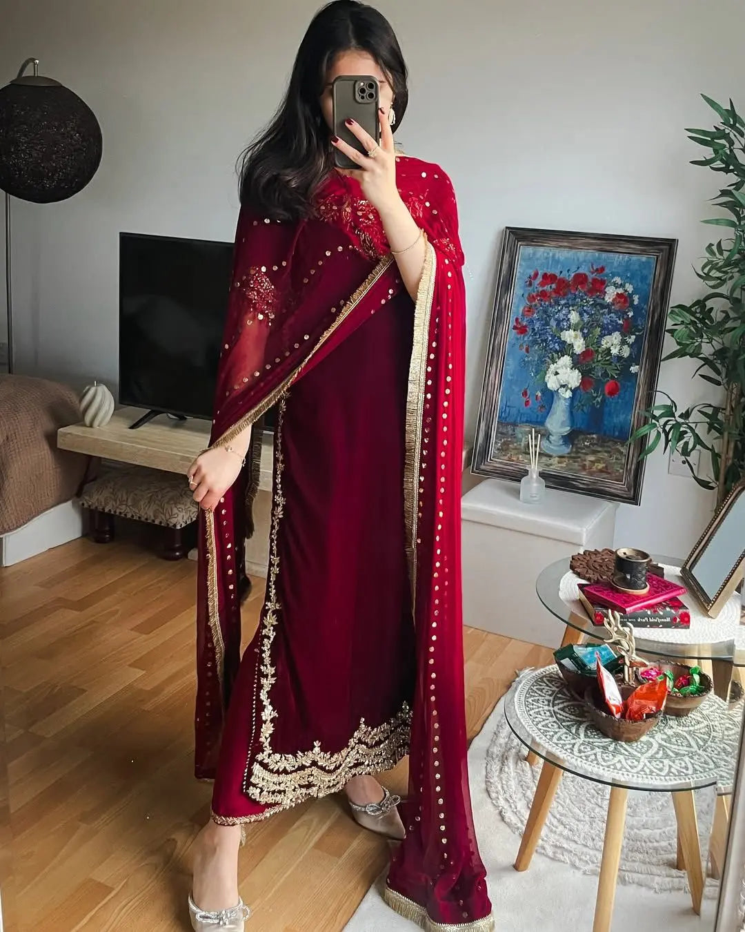Ethenika Originals Sequence Embroidery Work Designer Velvet 3Pc Kurti Pant Dupatta Set (Ready to Wear)