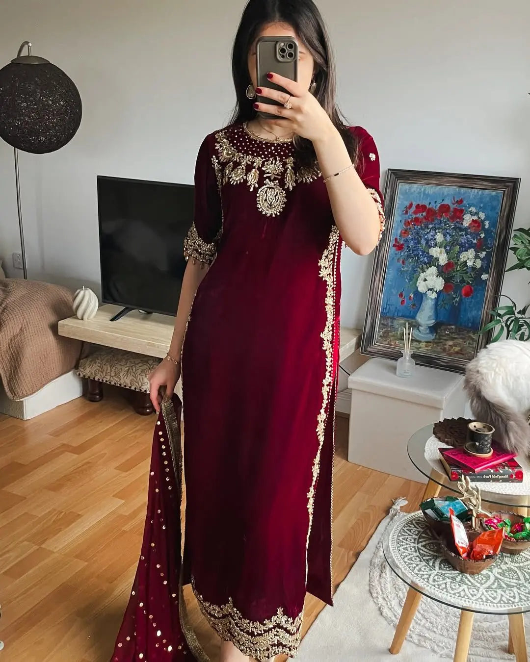 Ethenika Originals Sequence Embroidery Work Designer Velvet 3Pc Kurti Pant Dupatta Set (Ready to Wear)