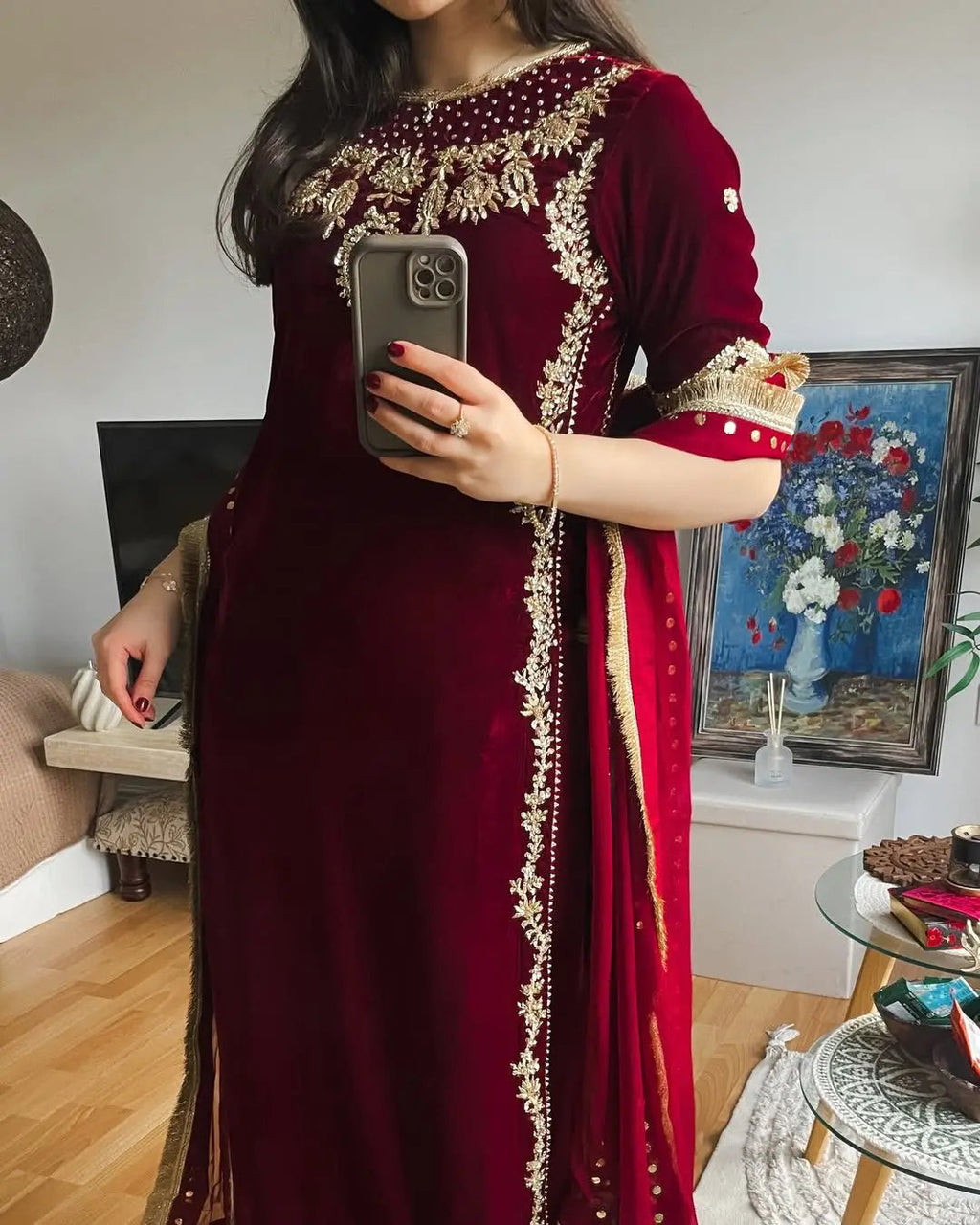 Ethenika Originals Sequence Embroidery Work Designer Velvet 3Pc Kurti Pant Dupatta Set (Ready to Wear)