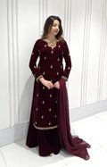 Ethenika Originals Sequence Embroidery Work Velvet Kurti Palazzo Dupatta Set (Ready To Wear)