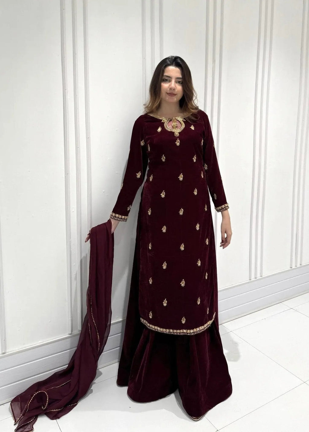 Ethenika Originals Sequence Embroidery Work Velvet Kurti Palazzo Dupatta Set (Ready To Wear)
