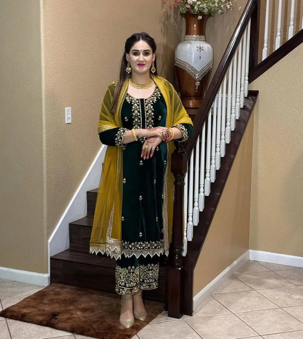 Ethenika Originals Sequence Embroidery with Moti Work Designer Party Wear Velvet Kurti Pant Dupatta Set (Ready to Wear)