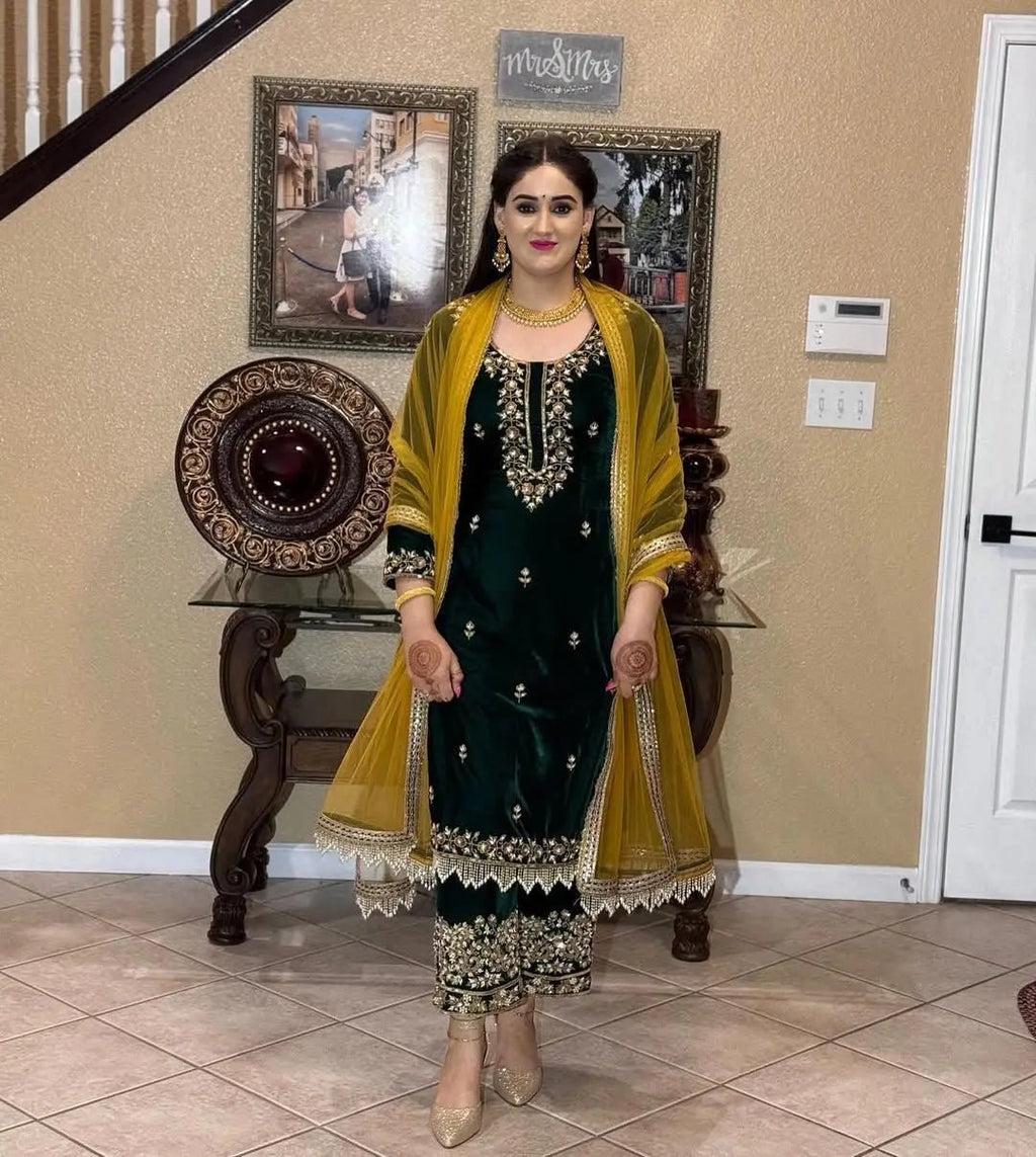 Ethenika Originals Sequence Embroidery with Moti Work Designer Party Wear Velvet Kurti Pant Dupatta Set (Ready to Wear)