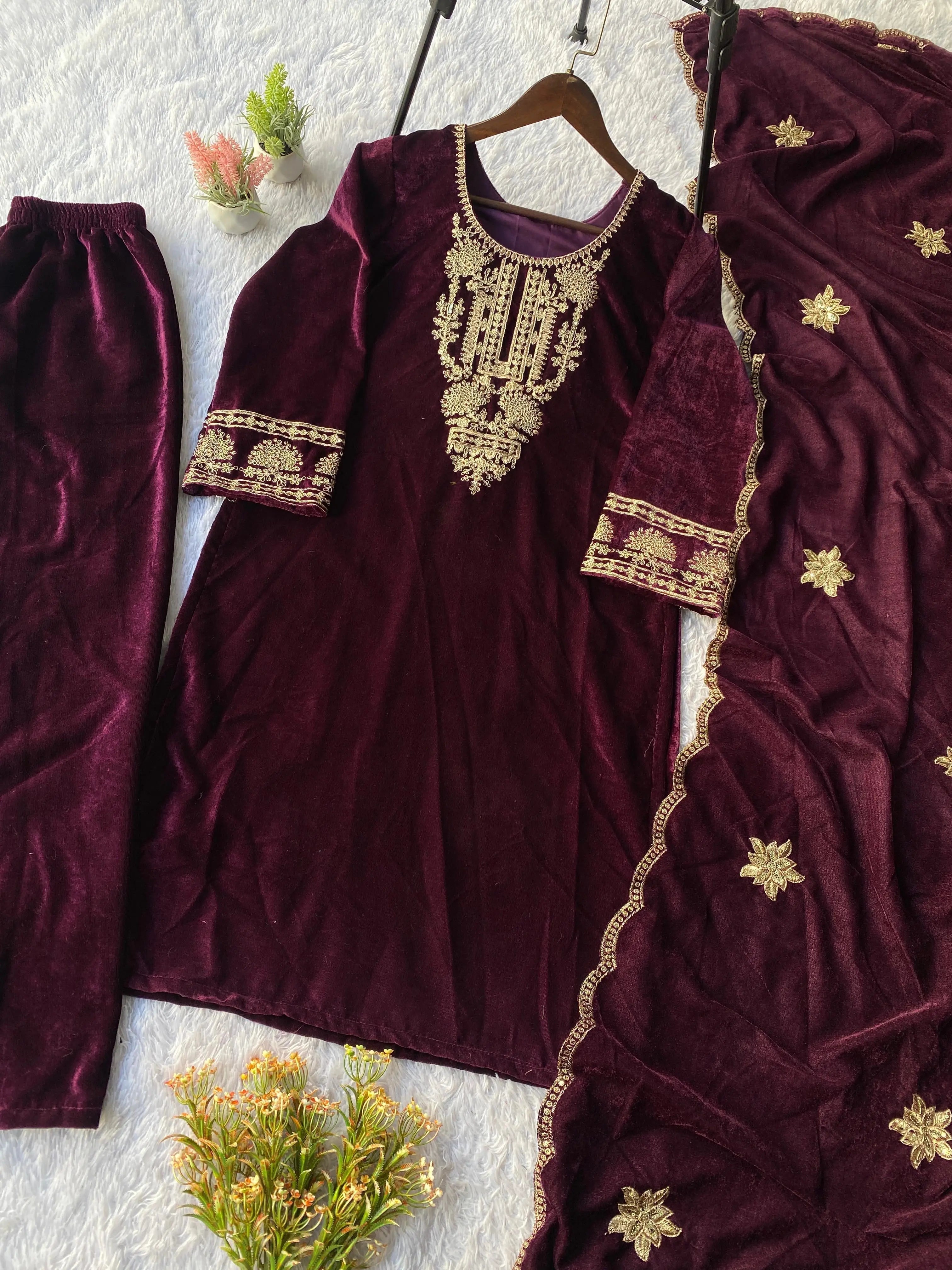Ethenika Originals Velvet Designer Party Ready Wear Kurti Pant Dupatta Set