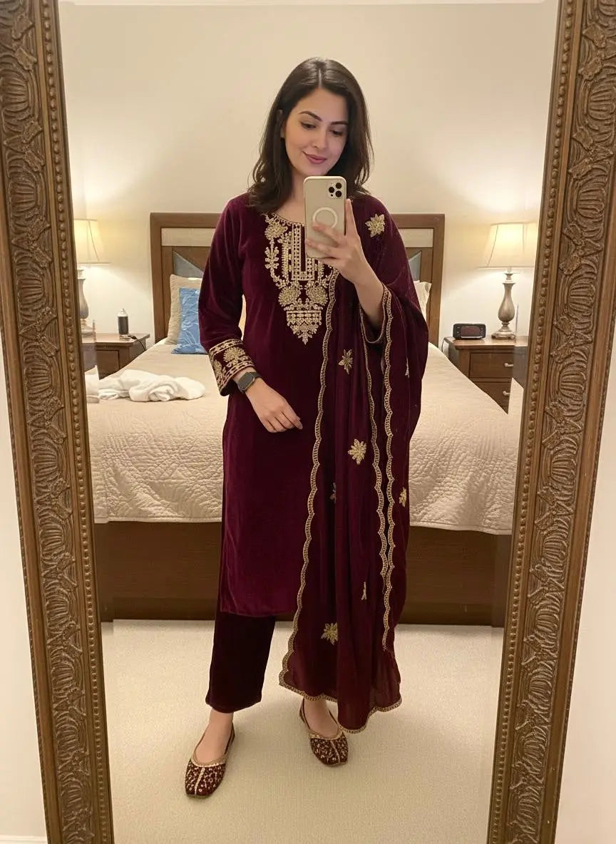 Ethenika Originals Velvet Designer Party Ready Wear Kurti Pant Dupatta Set