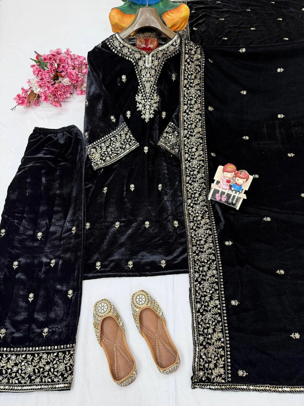 Ethenika Premium Designer Embroidery Work Velvet Kurti Pant Dupatta Set (Ready to Wear)