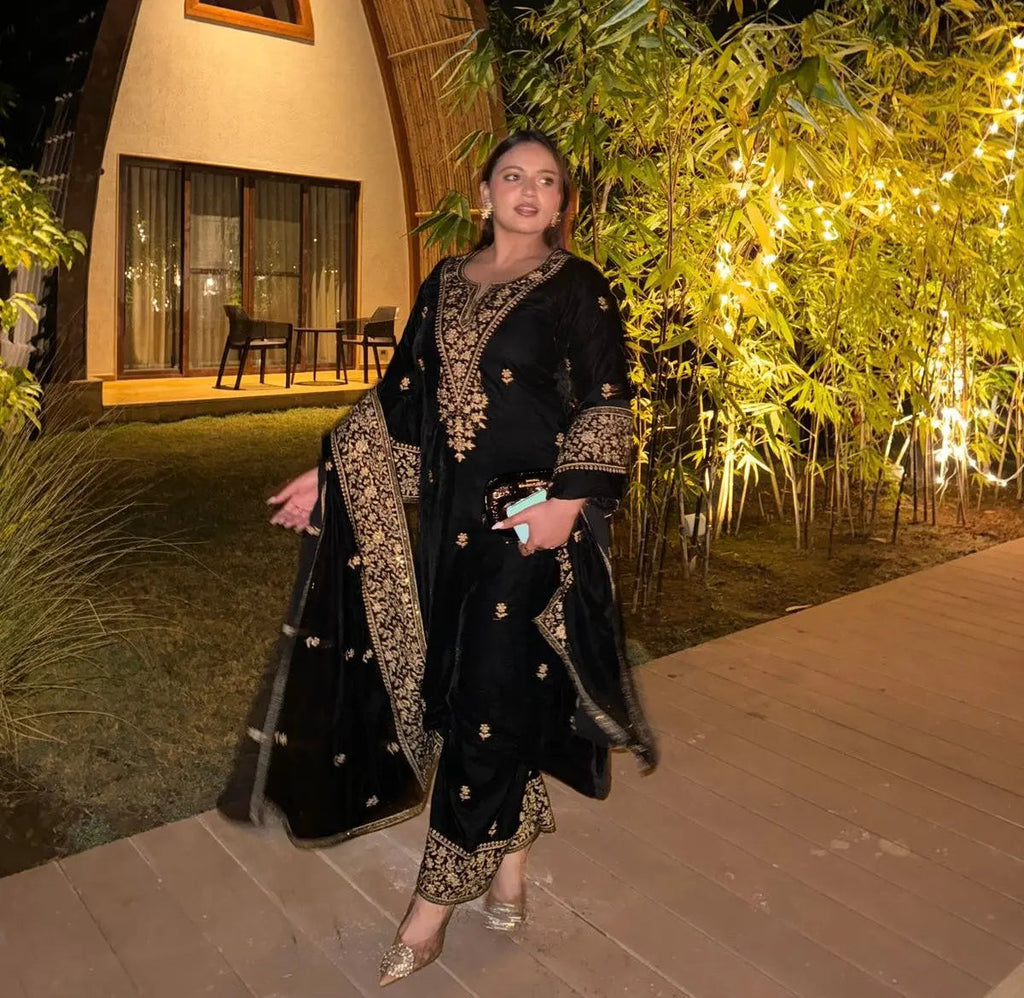 Ethenika Premium Designer Embroidery Work Velvet Kurti Pant Dupatta Set (Ready to Wear)