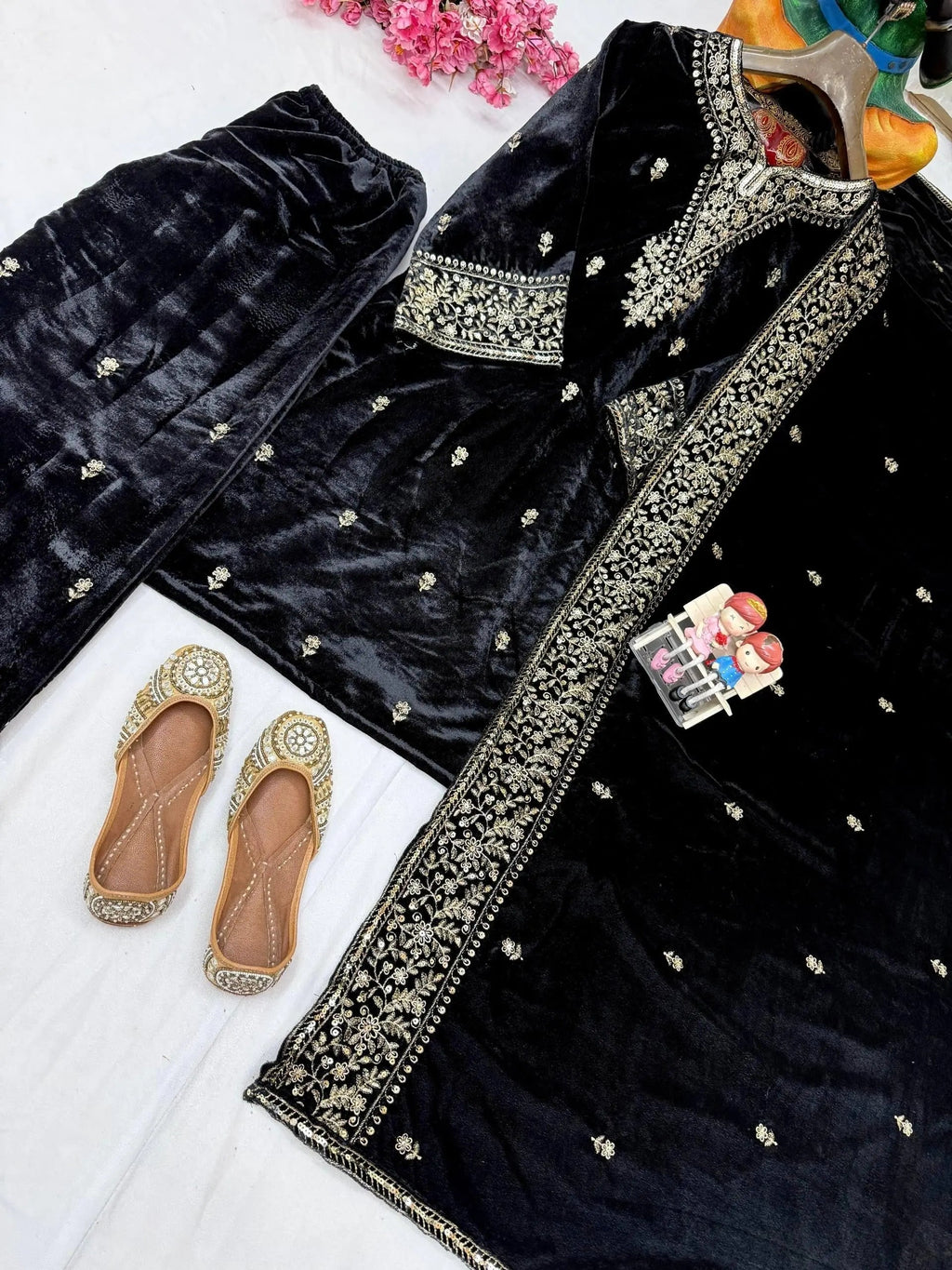Ethenika Premium Designer Embroidery Work Velvet Kurti Pant Dupatta Set (Ready to Wear)