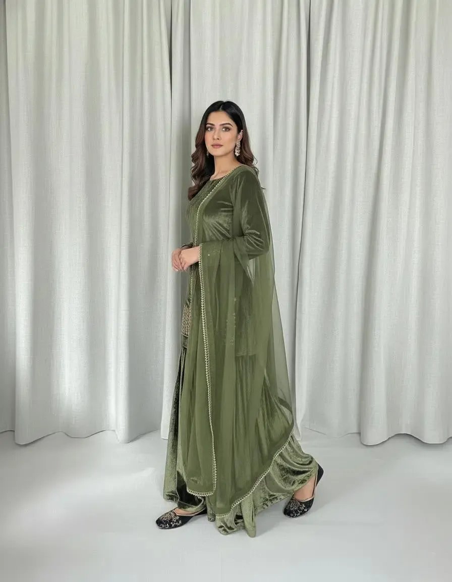 Ethenika Ready Wear Velvet Kurti Sharara Dupatta Set