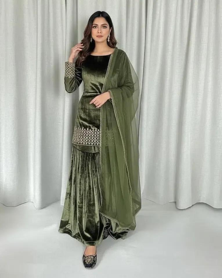 Ethenika Ready Wear Velvet Kurti Sharara Dupatta Set