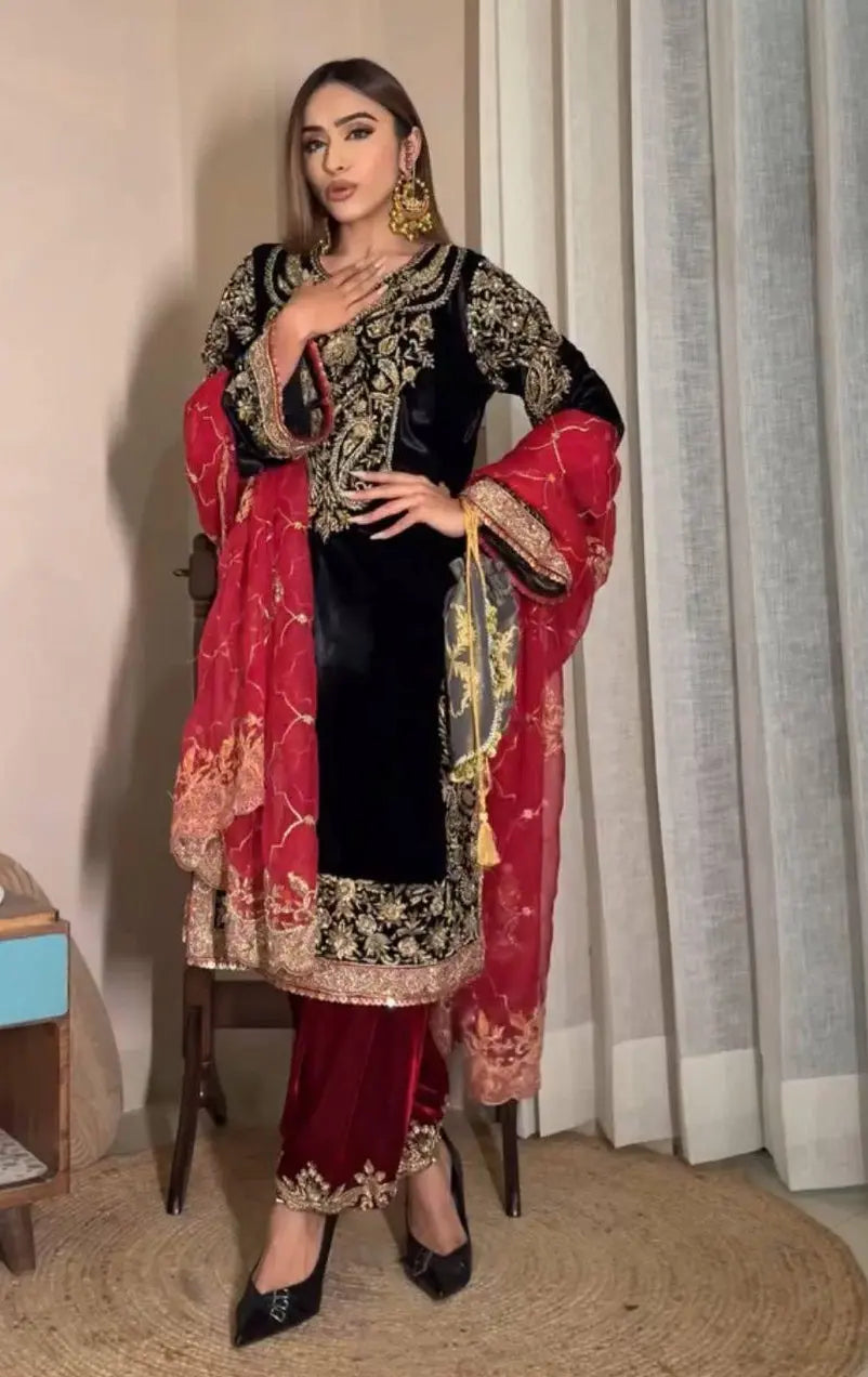 Ethenika Sequence Embroidery Work Designer Velvet 3Pc Kurti Pant Dupatta Set ( Ready to Wear)