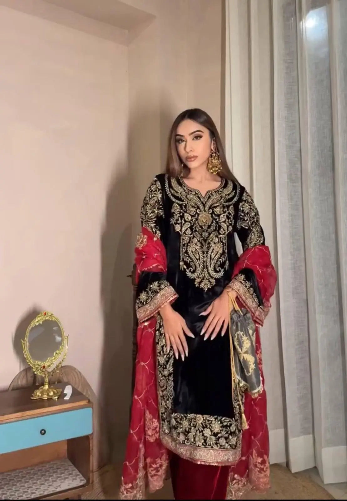 Ethenika Sequence Embroidery Work Designer Velvet 3Pc Kurti Pant Dupatta Set ( Ready to Wear)