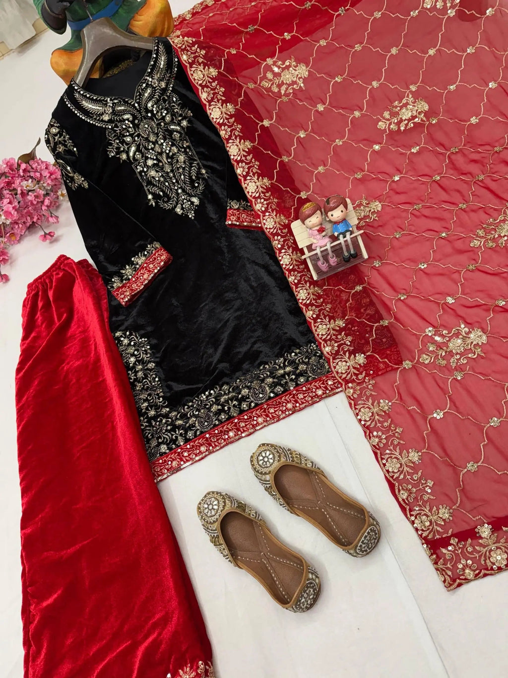 Ethenika Sequence Embroidery Work Designer Velvet 3Pc Kurti Pant Dupatta Set ( Ready to Wear)