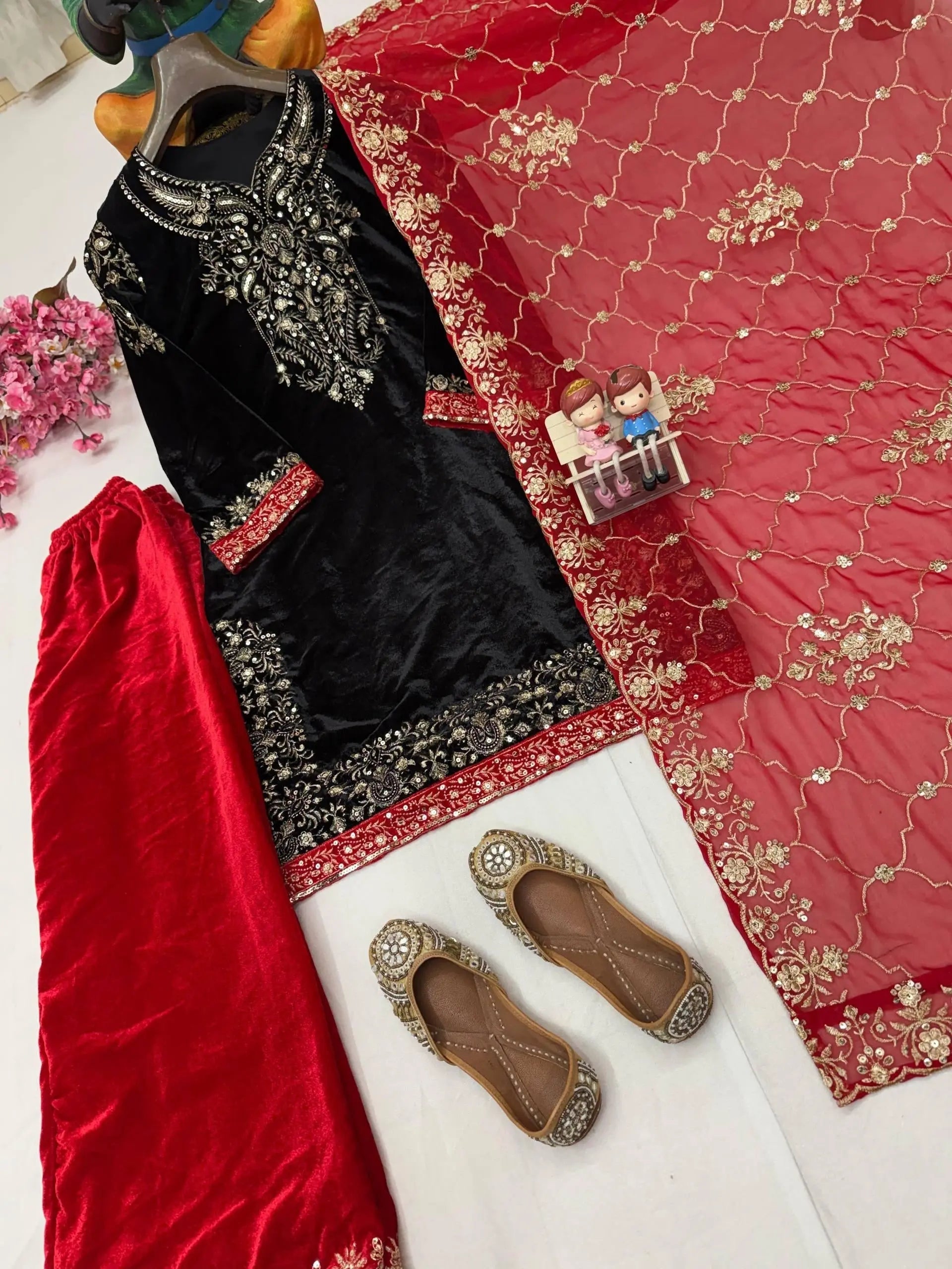 Ethenika Sequence Embroidery Work Designer Velvet 3Pc Kurti Pant Dupatta Set ( Ready to Wear)