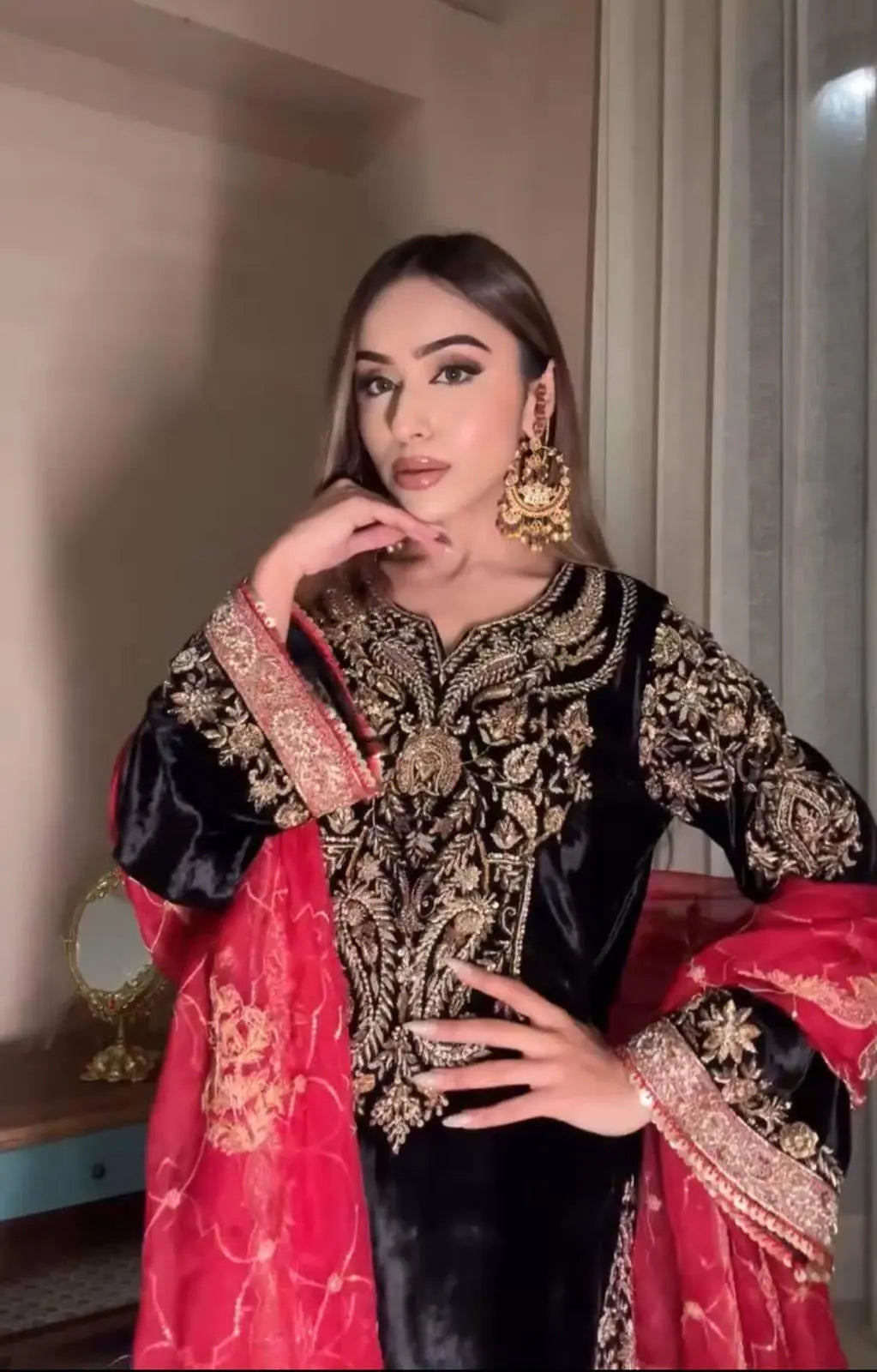 Ethenika Sequence Embroidery Work Designer Velvet 3Pc Kurti Pant Dupatta Set ( Ready to Wear)