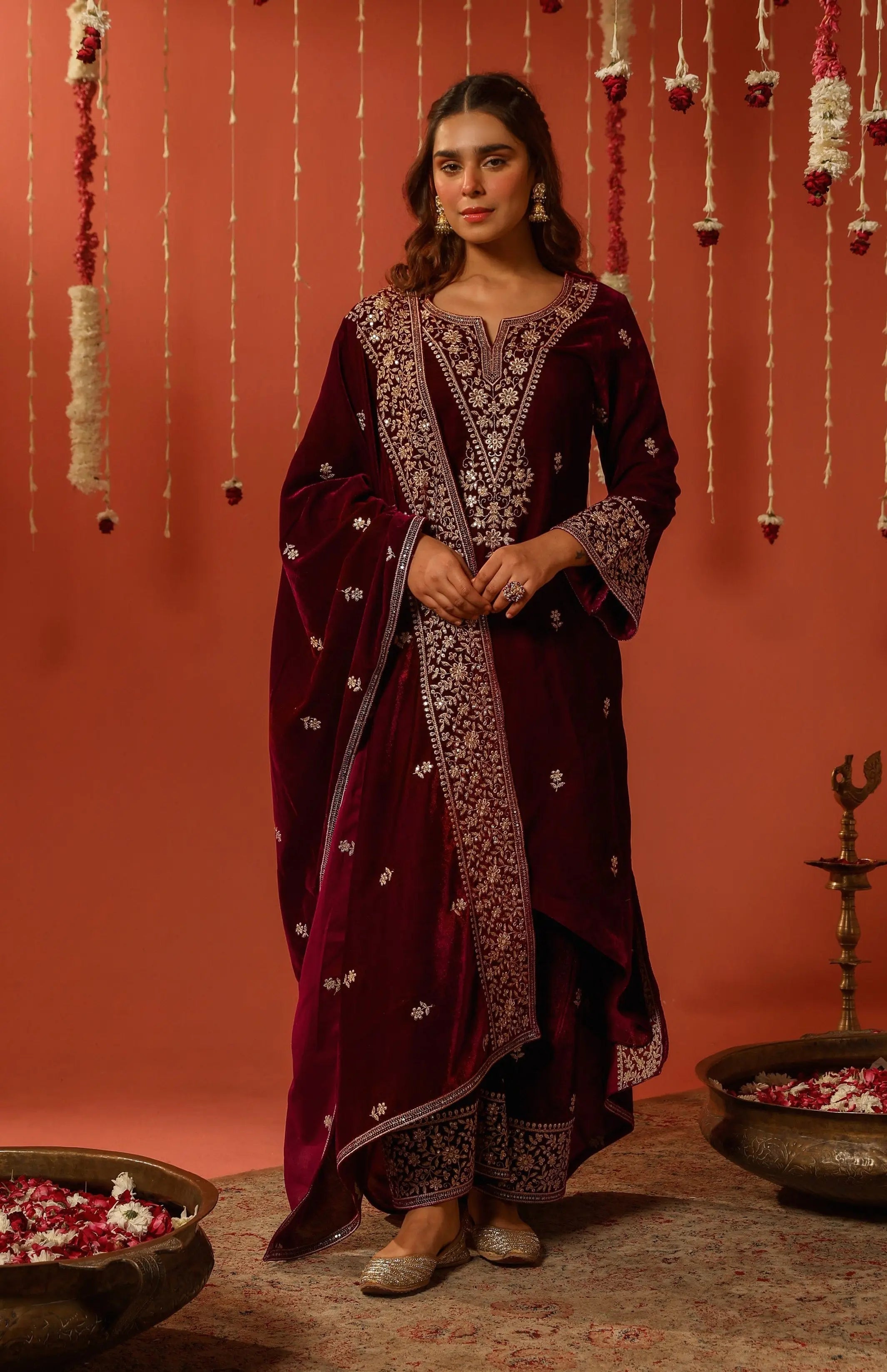 Ethenika Sequence Work Designer 3 Pc Velvet Kurti Pant Dupatta Set for Womens (Ready To Wear)