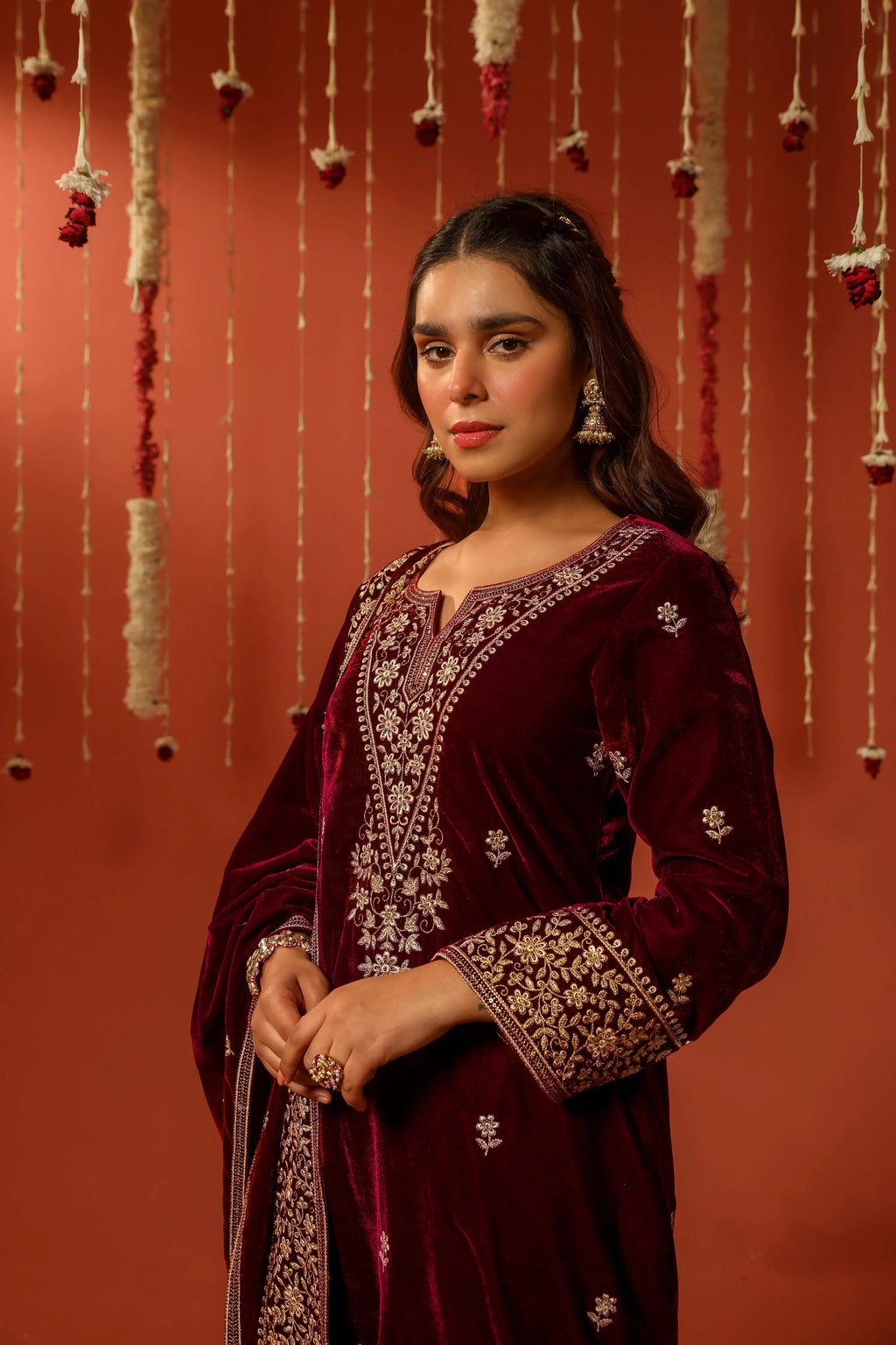 Ethenika Sequence Work Designer 3 Pc Velvet Kurti Pant Dupatta Set for Womens (Ready To Wear)
