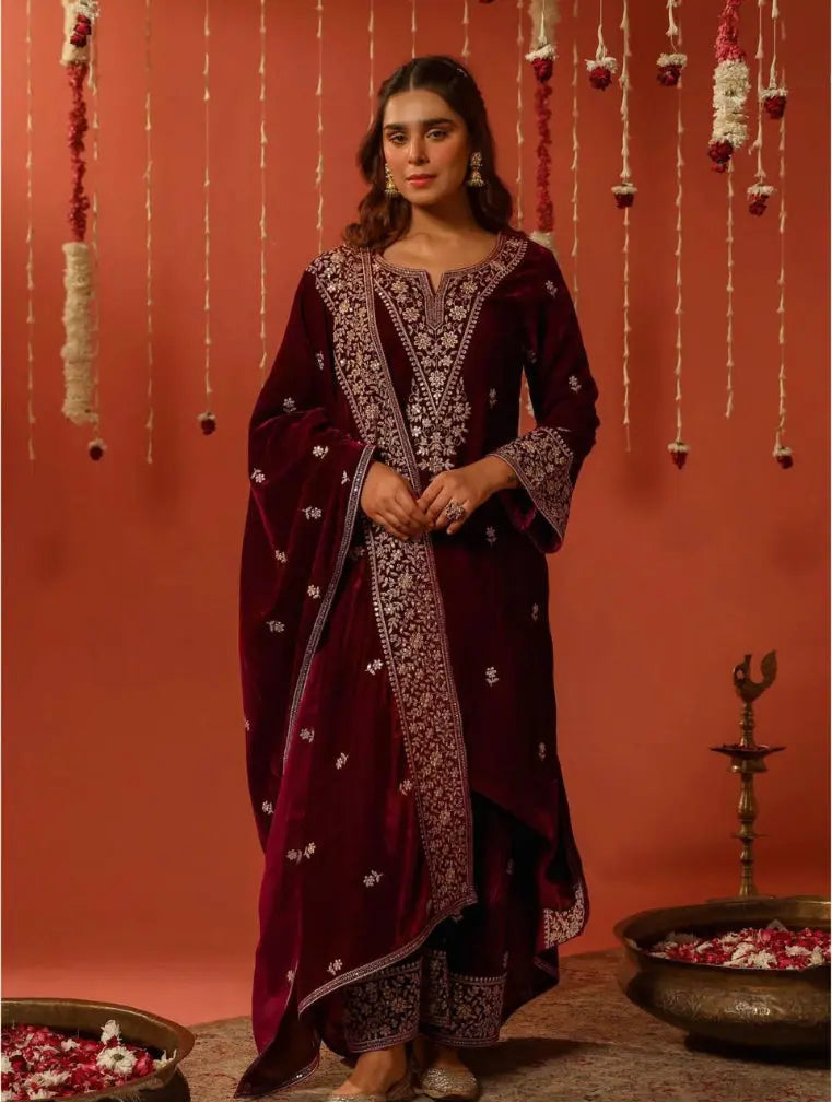 Ethenika Sequence Work Designer 3 Pc Velvet Kurti Pant Dupatta Set for Womens (Ready To Wear)