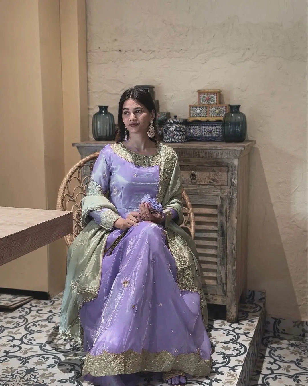 Ethenika Special Sequence Embroidery Moti work Flair Kurti Pant Dupatta Set (Stitched)