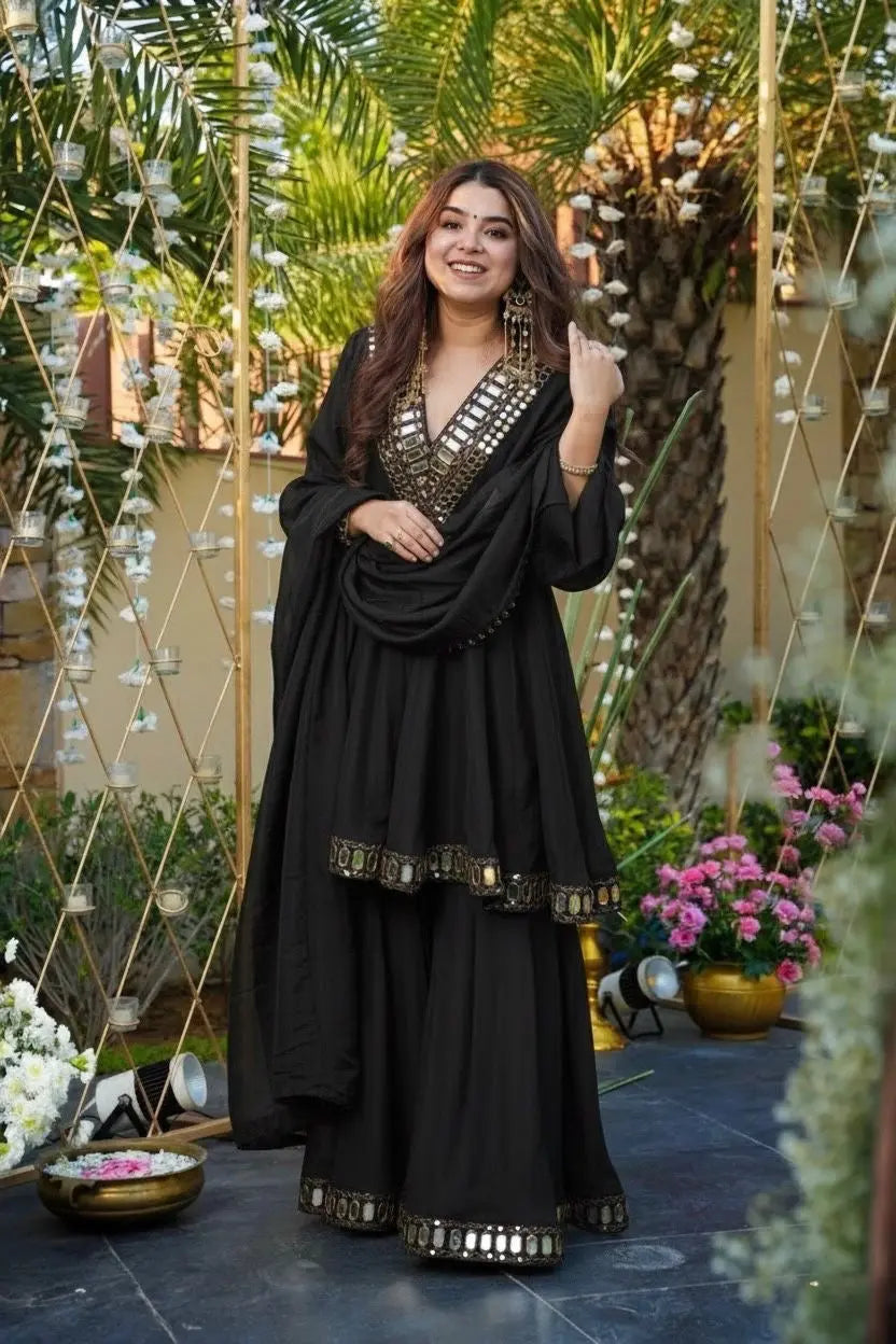 Ethenika Trending Mirror Work Kurti Sharara Dupatta Set