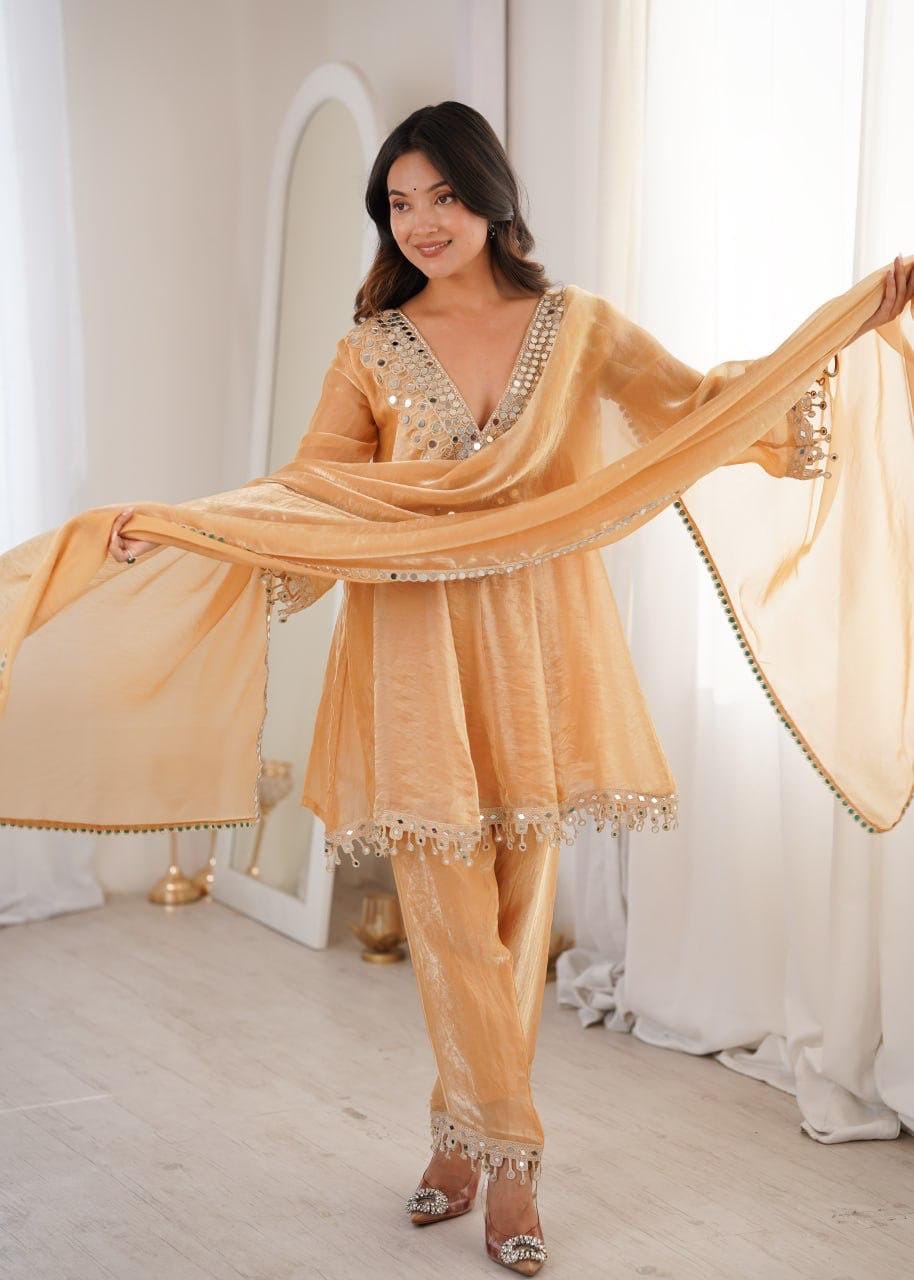 Fendi Silk Mirror Work Designer Kurti Pant Dupatta Set For Eid
