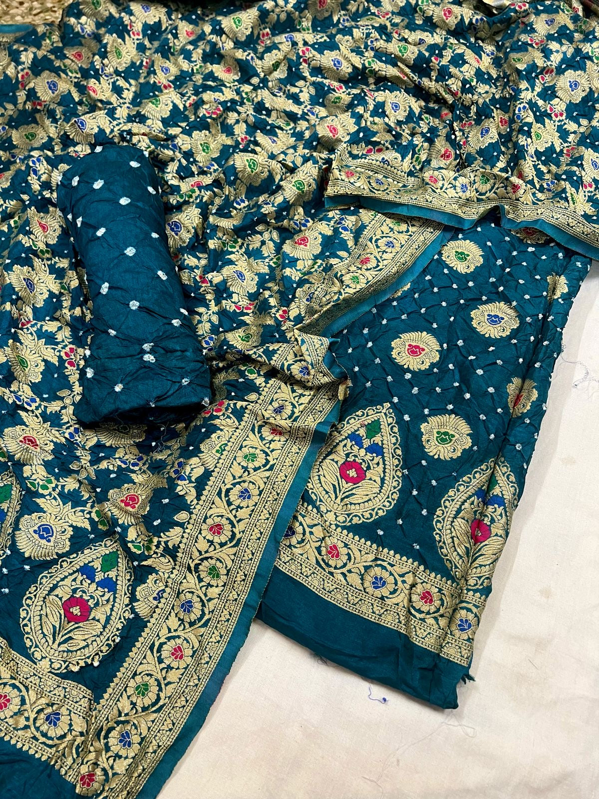 Dhupian Silk Authentic Kasab work Bandhani Dress Material (Unstitched)