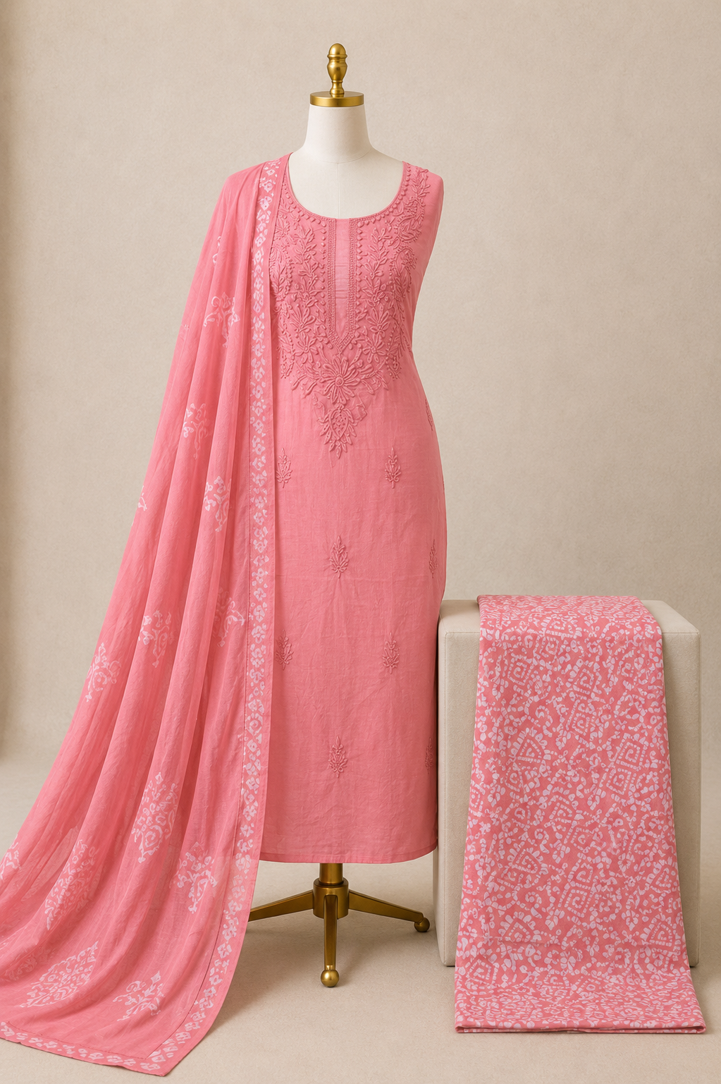 Soft Cotton Lakhnavi Thread Work 3Pc Unstitched Batik Dress Material