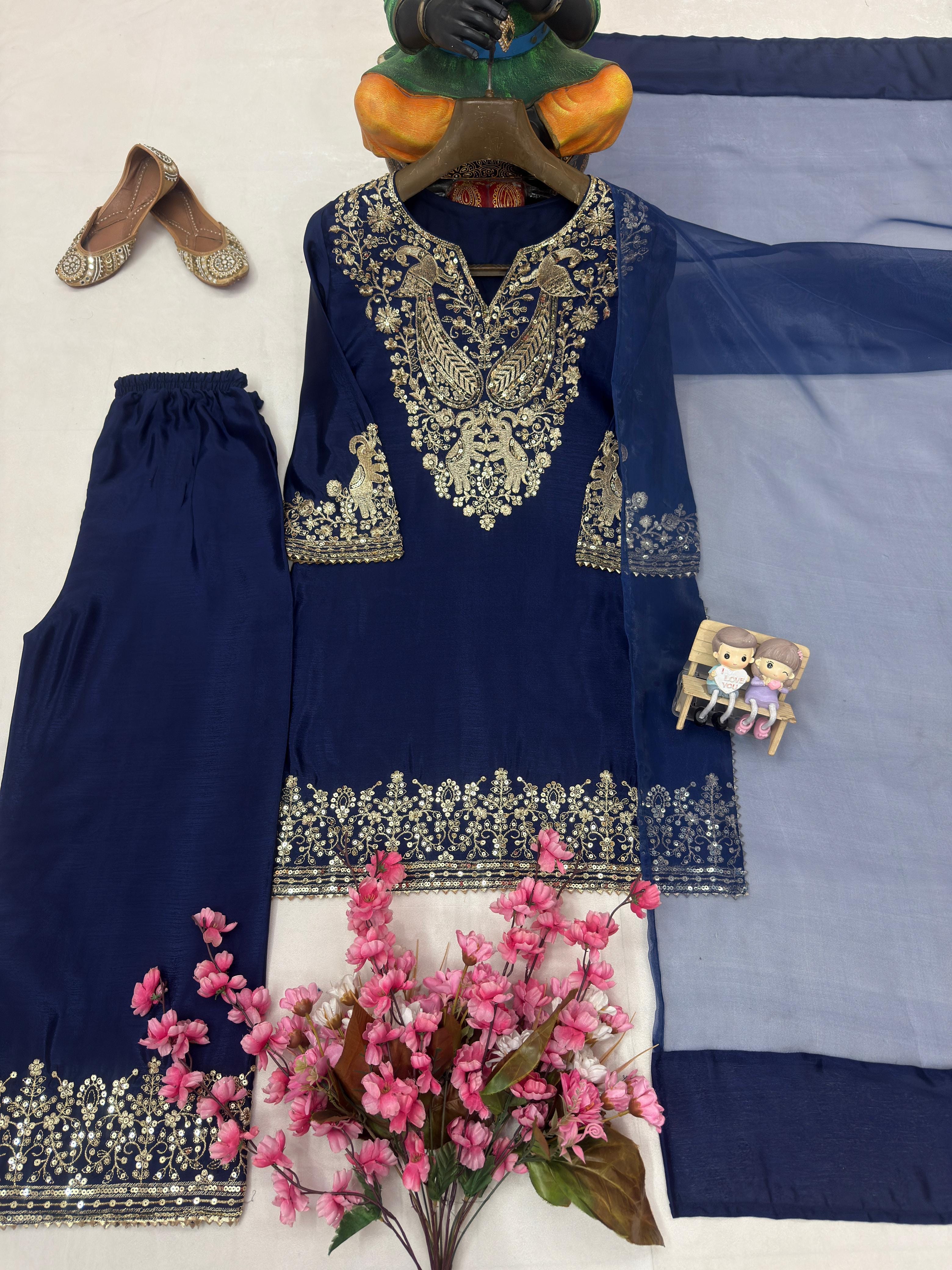 Chinon Silk Zari Embroidery Work Designer Kurti Pant Dupatta Set (Ready to Wear)