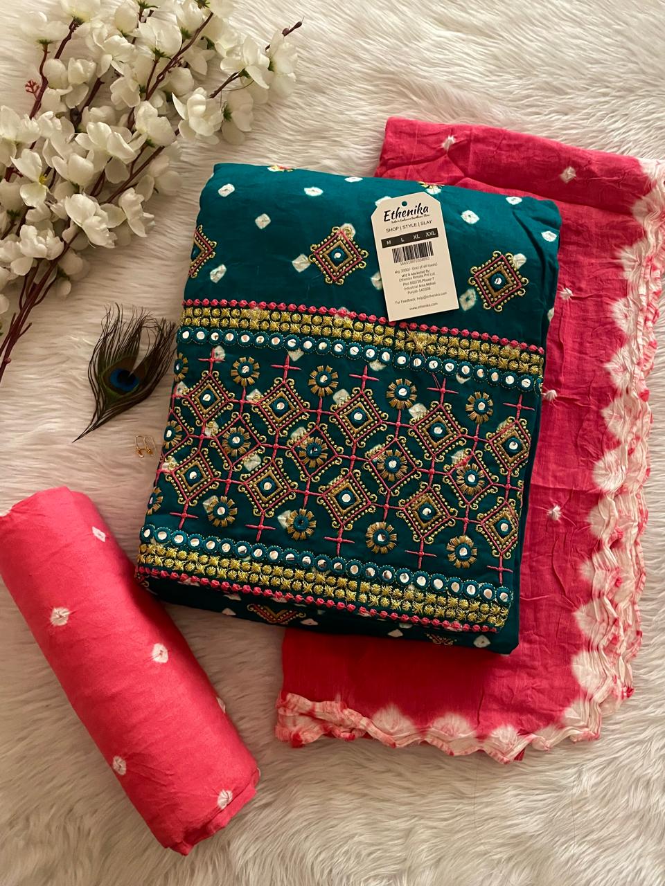 Cotton Foil Mirror and Thread work Bandhani Dress Material (Unstitched)