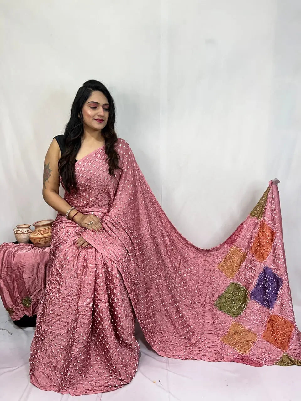 Pure Modal Silk Barik Bandhej Lagdi Pallu Bandhani Saree
