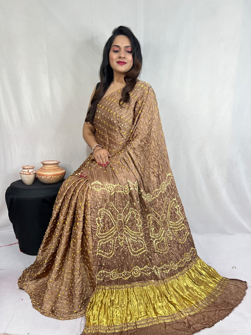 Modal Silk Heavy Barik Bandhej work Silk Bandhani Saree