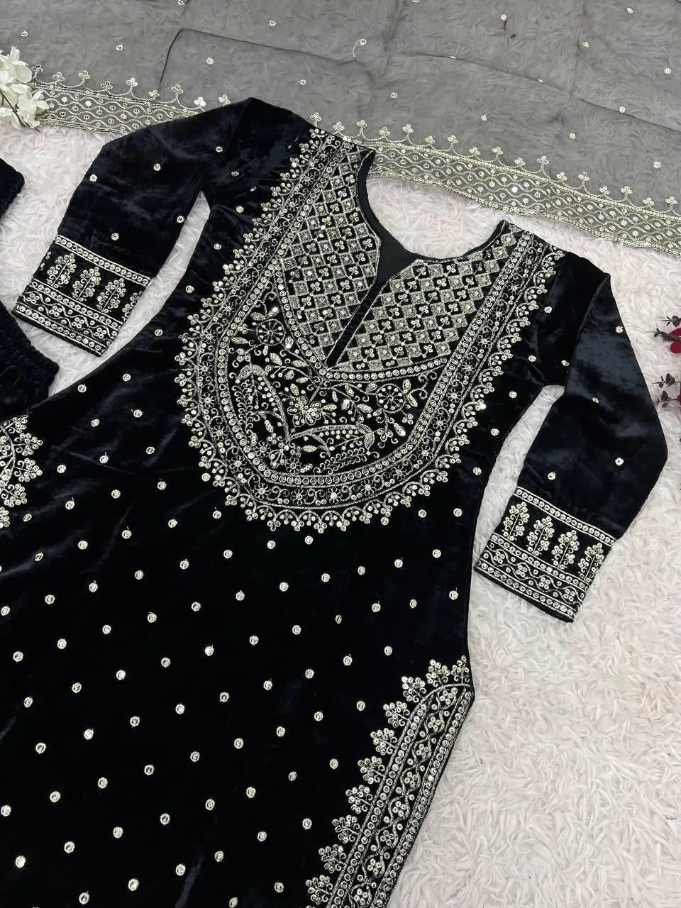 Ethenika Silver Thread Embroidery work Reasdy to wear Velvet Kurti Sharar Set