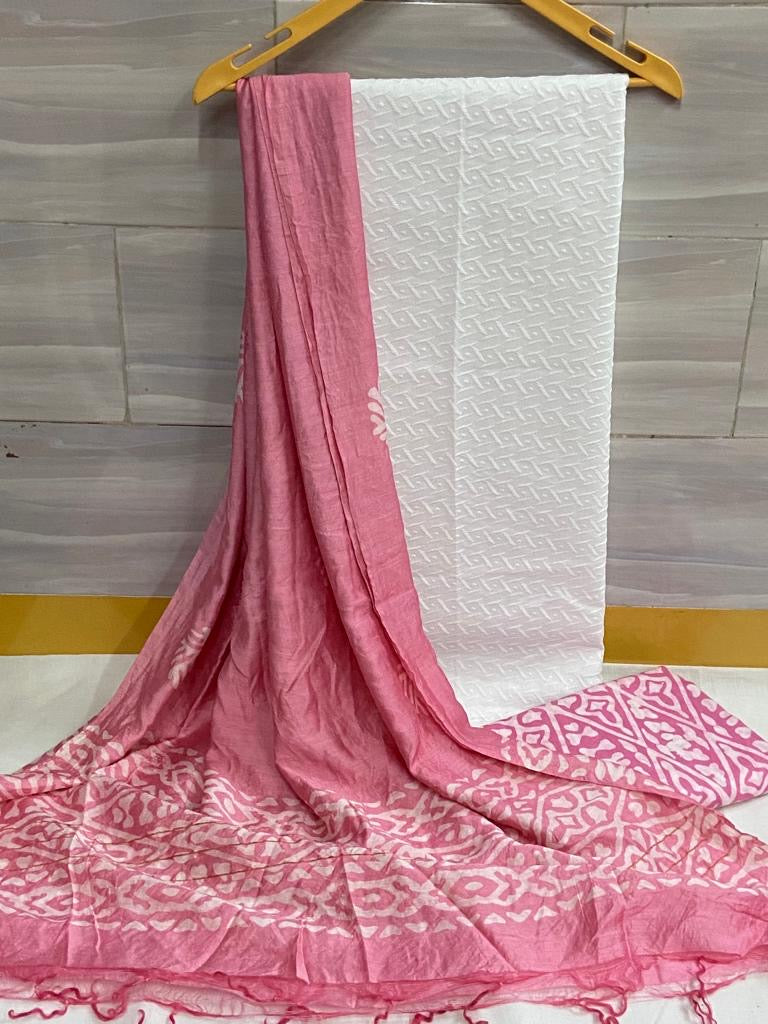 Chikankari Work Cotton Dress Material with Batik Print Salwar and dupatta (Unstitched)