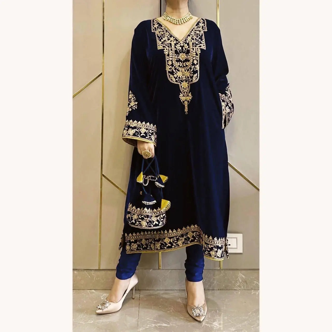Ethenika Sequence Embroidery Work Velvet Kurti Pant Set
