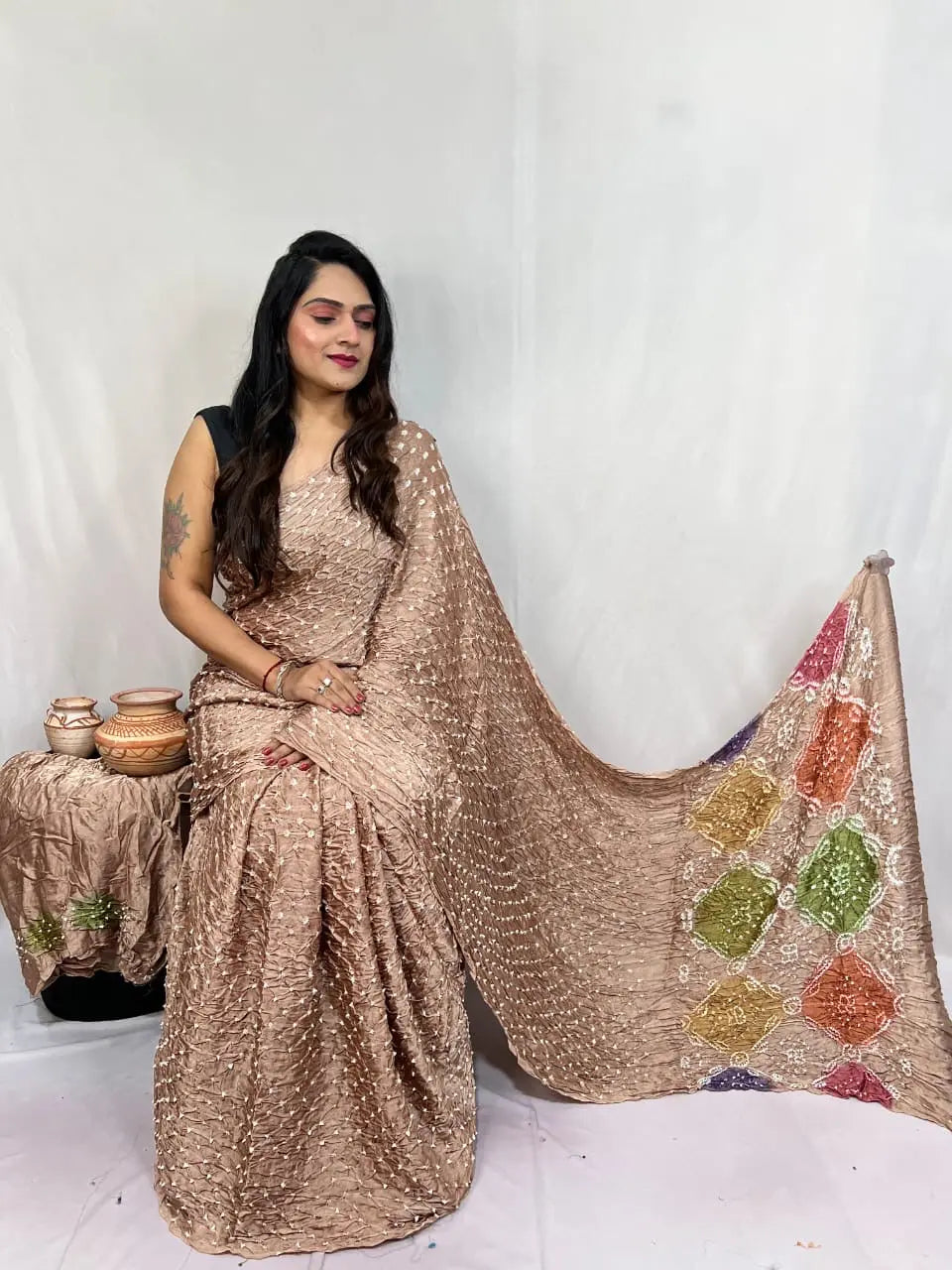 Pure Modal Silk Barik Bandhej Lagdi Pallu Bandhani Saree