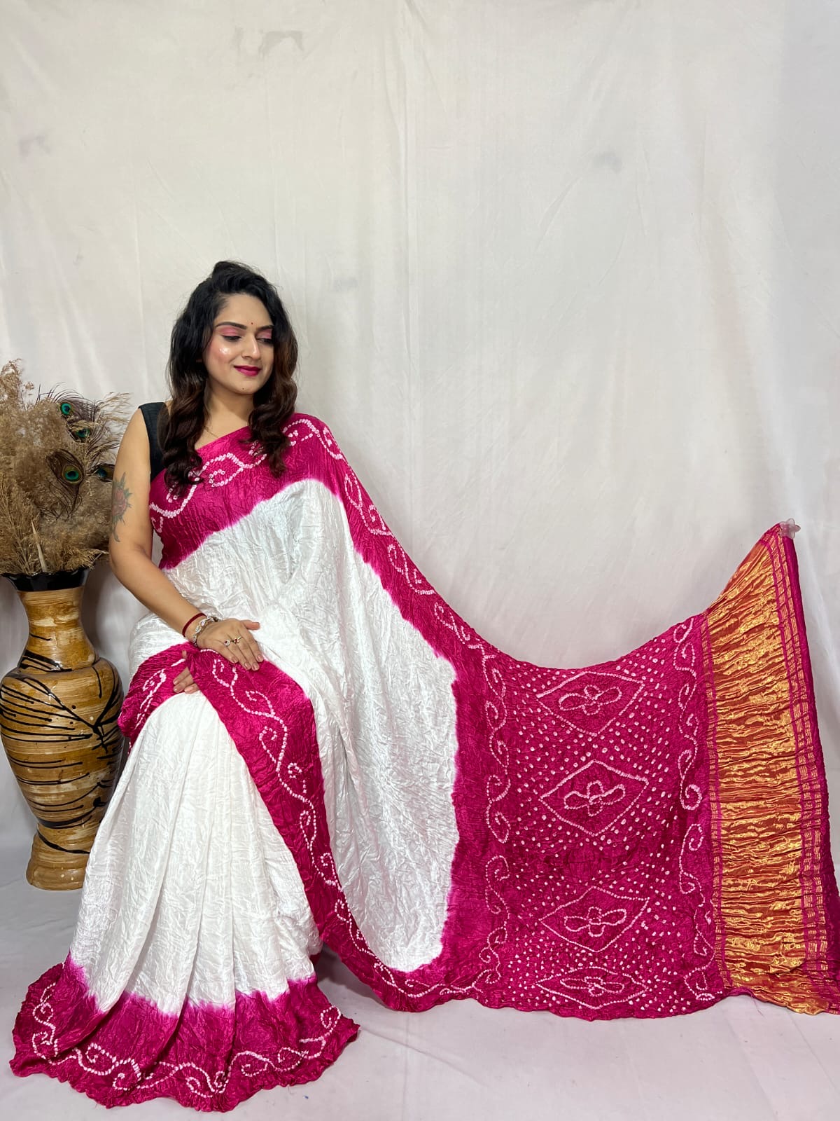 Heavy Ghazi Silk White Concept Bandhani Saree