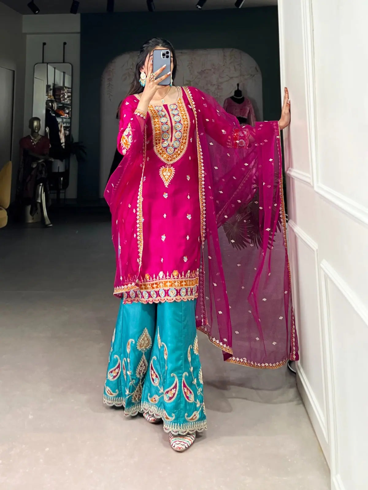 Ethenika Silk Sequence Embroidery Work Kurti Sharara Dupatta Set (Stitched)