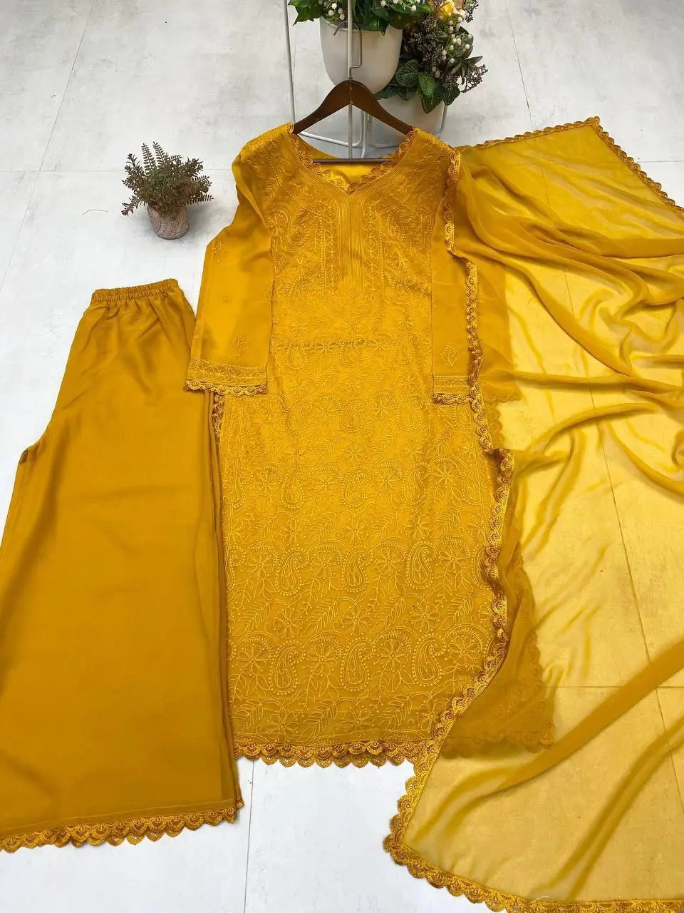 Faux Georgette Chikankari Kurti Palazzo Dupatta Set