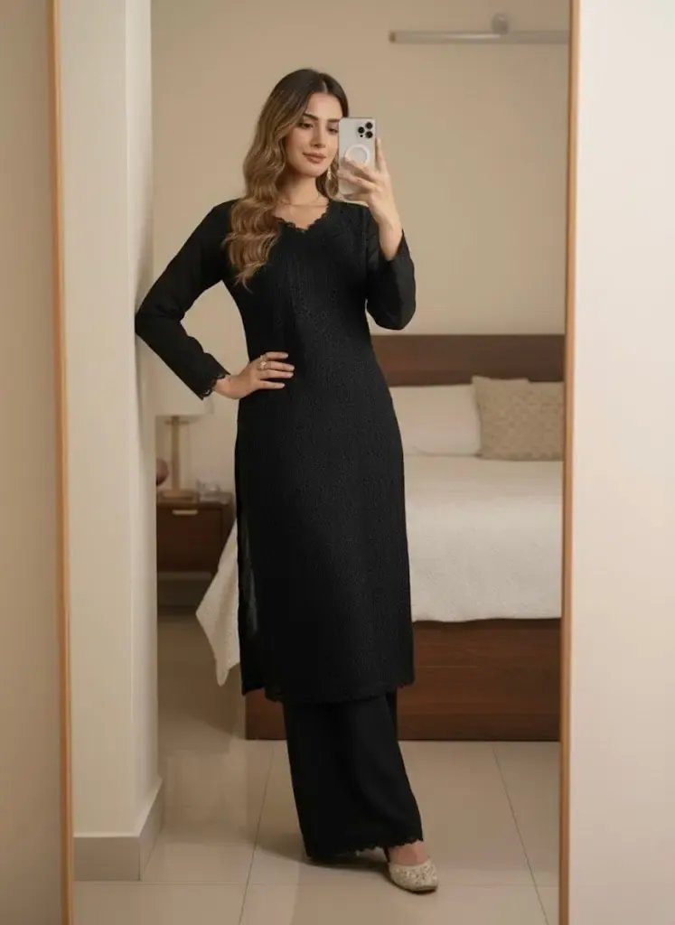 Faux Georgette Chikankari Kurti Palazzo Set