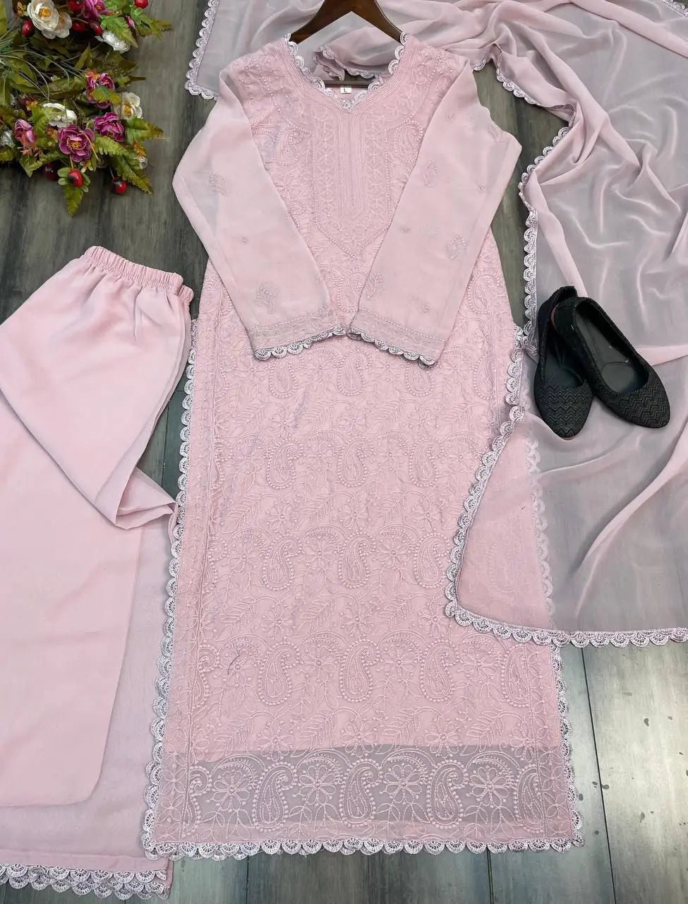 Faux Georgette Chikankari Thread Work Kurti Palazzo Dupatta Set