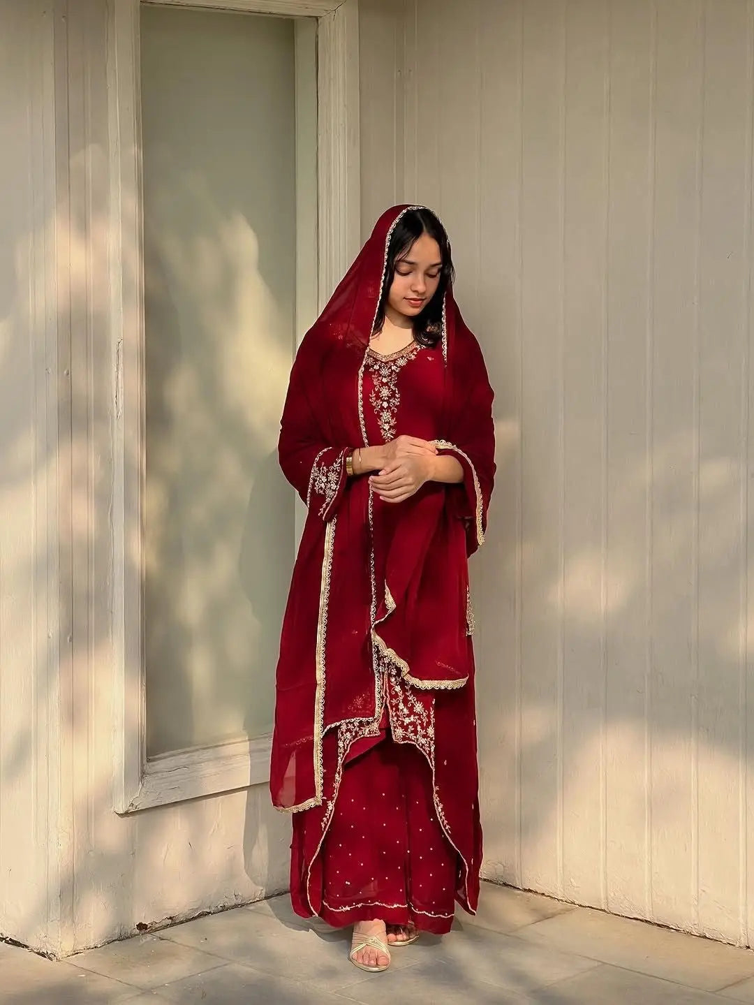 Faux Georgette Designer Ready Wear Kurti Pallazo Dupatta Set