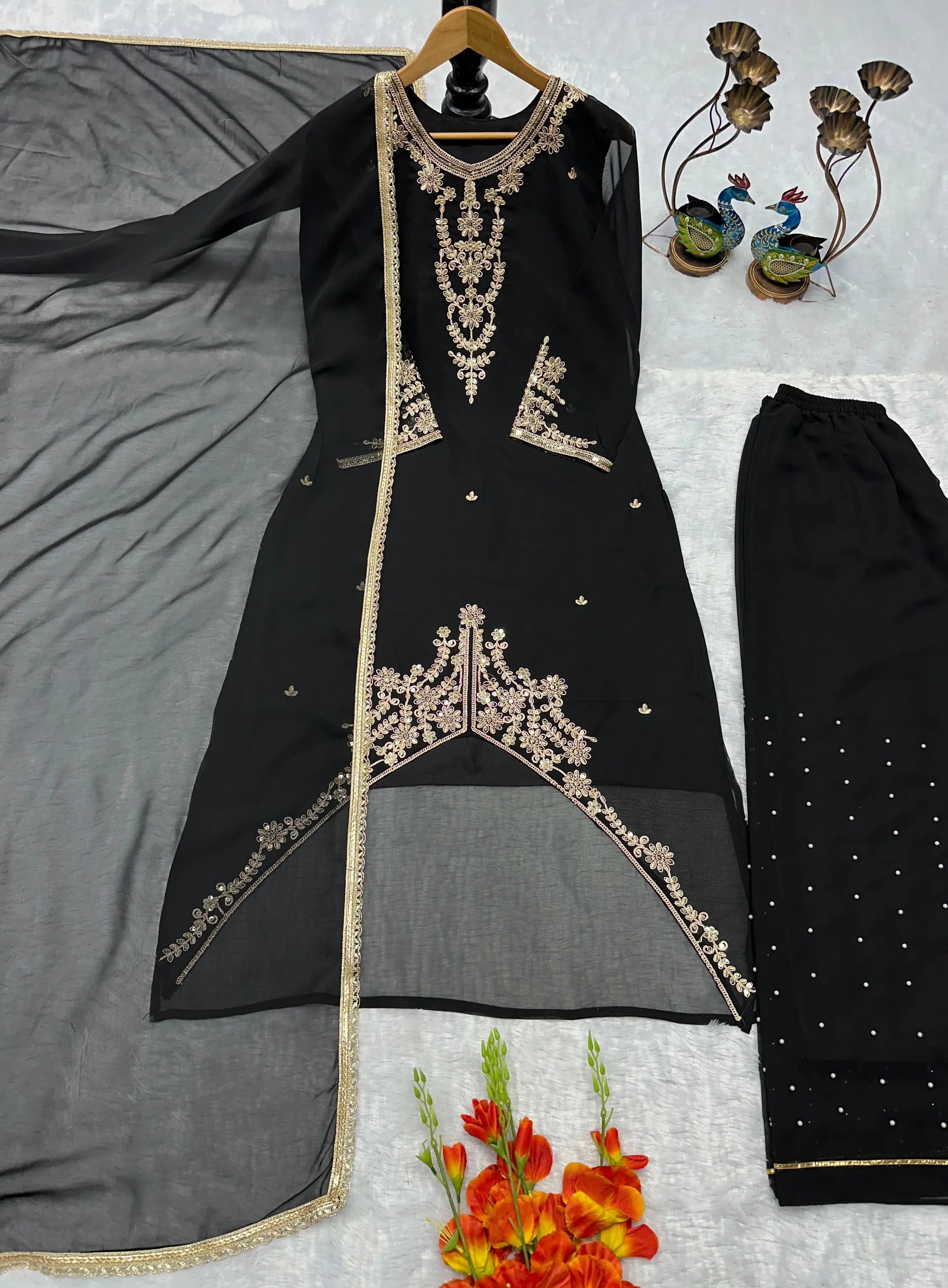 Faux Georgette Designer Ready Wear Kurti Pallazo Dupatta Set