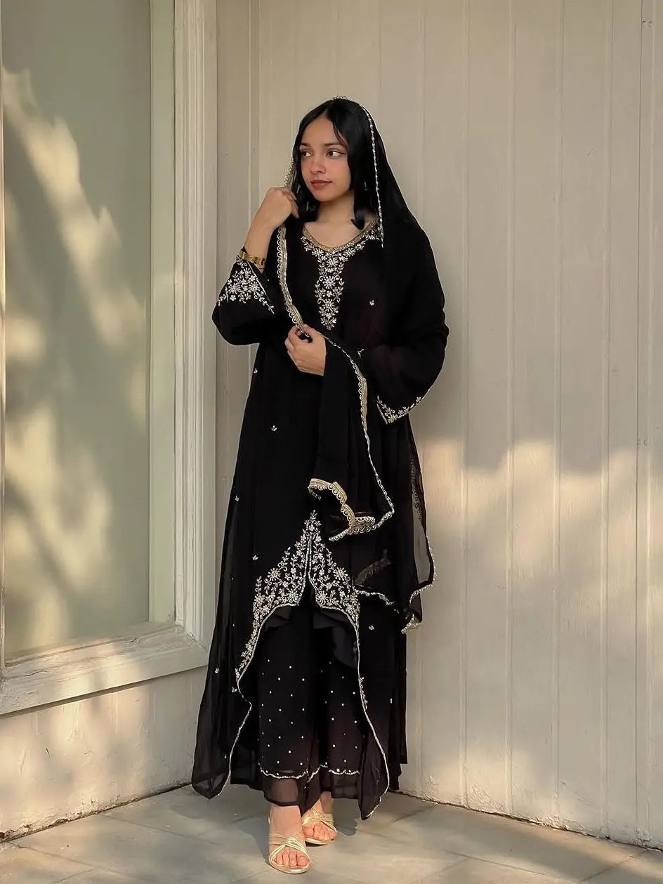 Faux Georgette Designer Ready Wear Kurti Pallazo Dupatta Set